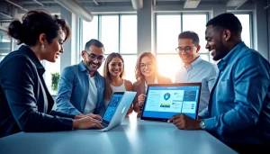 Enhance Microsoft 365 Security & Compliance with collaborative teamwork in a bright office.