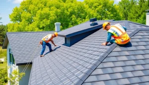 Installing high-quality roofing solutions on a stylish home under bright natural lighting.