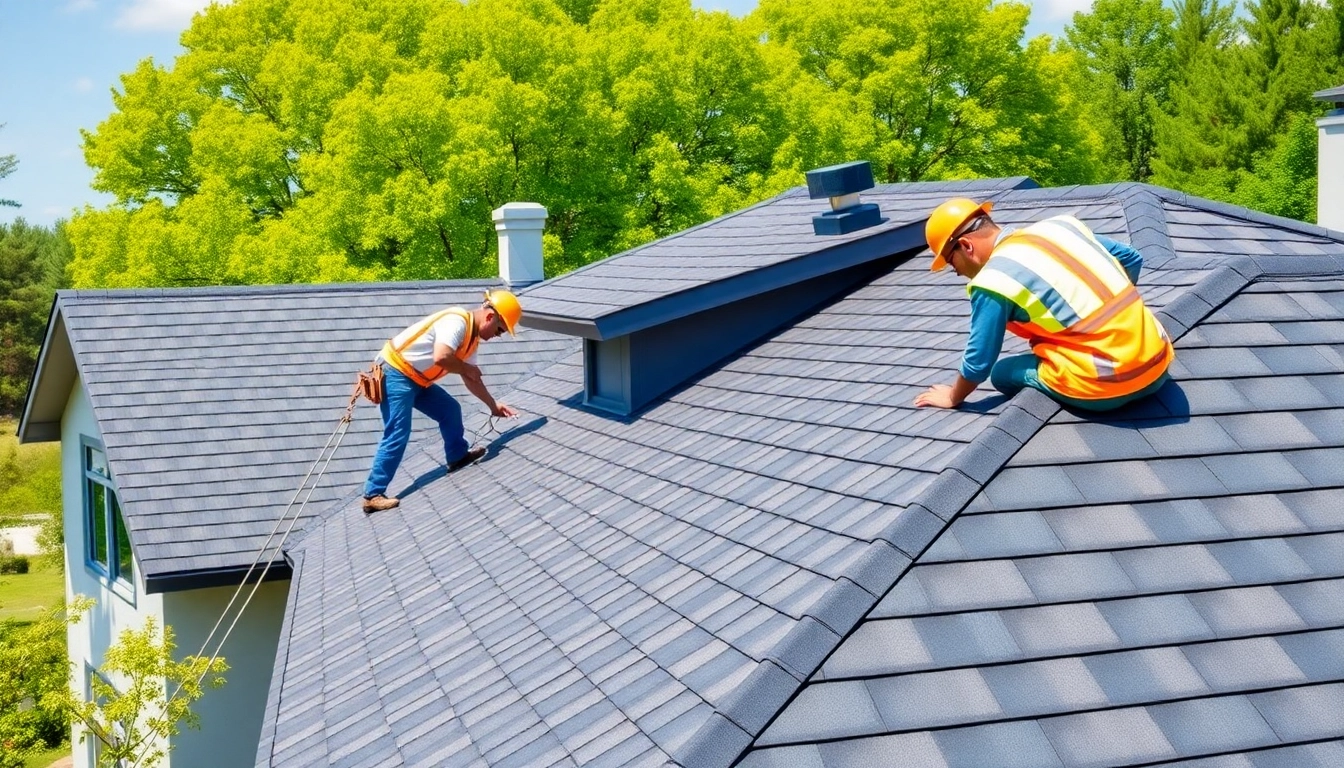 Installing high-quality roofing solutions on a stylish home under bright natural lighting.