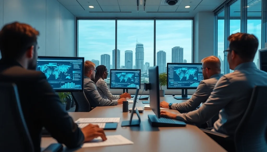 Cyber Threat Protection Tampa team analyzing cybersecurity data in a modern office.