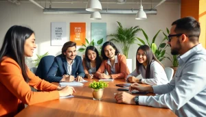 Team discussing small business jobs in a bright, modern office environment, fostering collaboration.