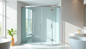 Paroi de douche élégante dans un intérieur de salle de bain moderne avec des détails chromés.