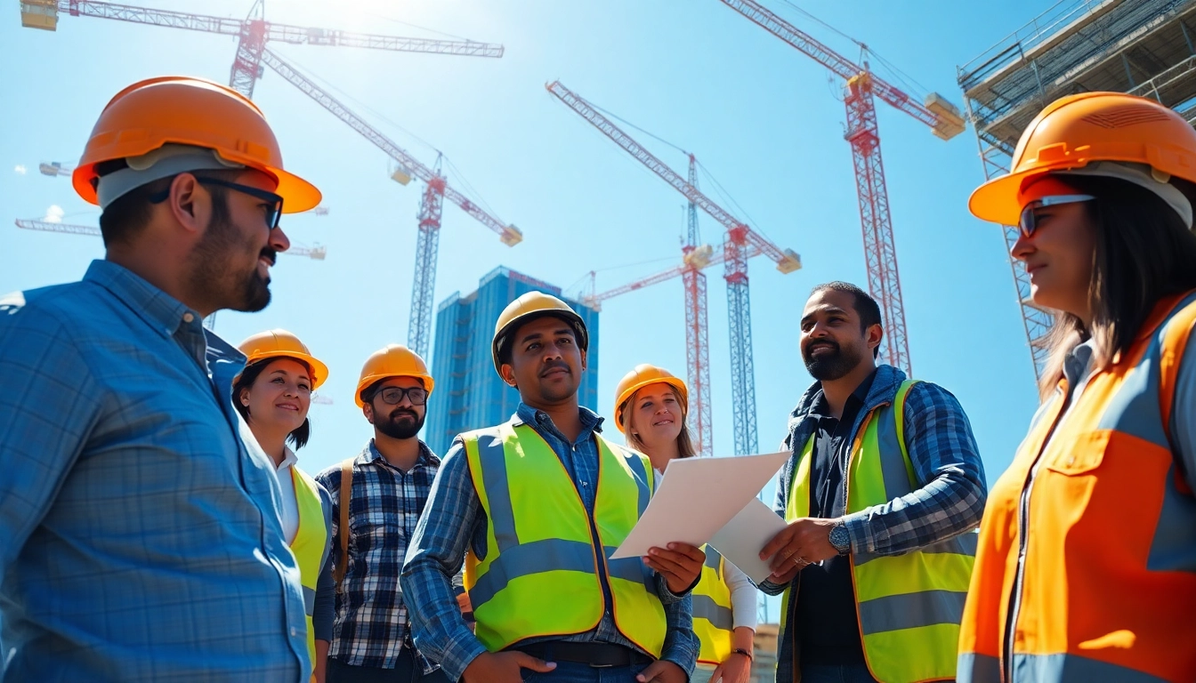 New York Construction Manager leading a team on a bustling construction site.