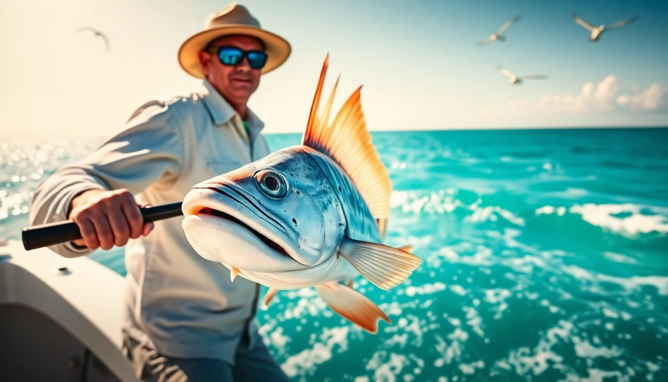 Angler catching a roosterfish while Roosterfish fishing Mexico in bright coastal waters.