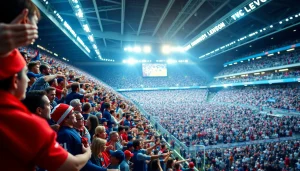 스포츠중계를 즐기는 열정적인 관중과 활기찬 경기장 모습입니다.