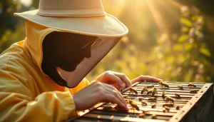 Inspección de colmenas con marcadores de colmenas coloridos en un entorno apícola.