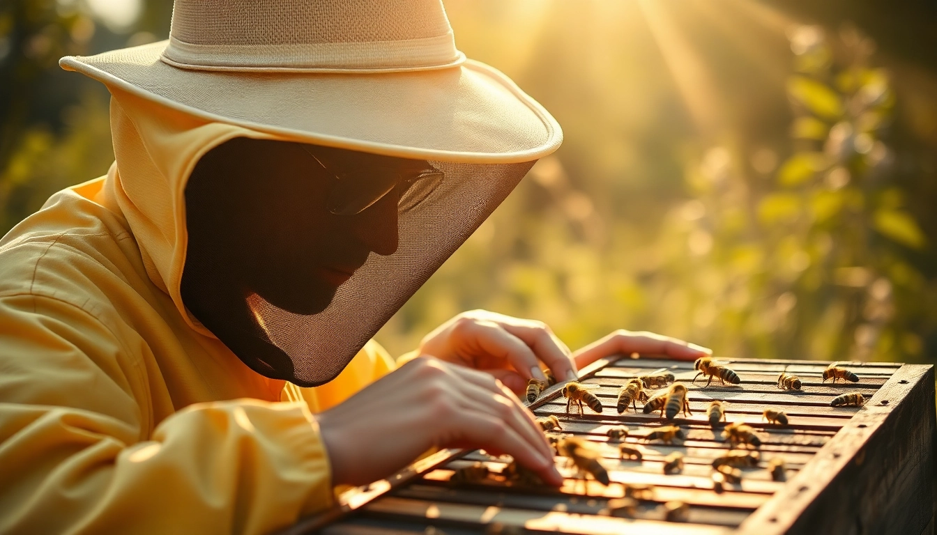 Inspección de colmenas con marcadores de colmenas coloridos en un entorno apícola.