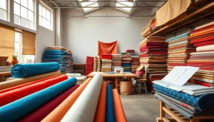 Canvasstoffen in een kleurrijke textielwerkplaats met vrolijke ontwerpen en creatief materiaal.