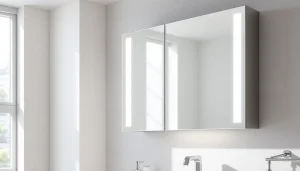 Stylish sonni Spiegelschrank with integrated LED lighting in a bright bathroom.