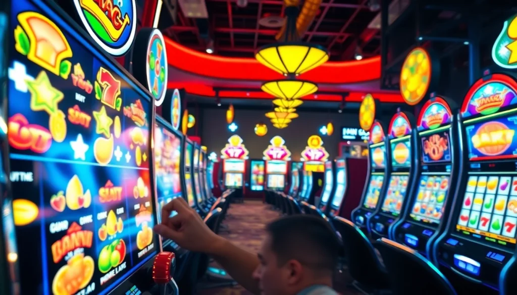 Main player enjoying a vibrant slot online game with colorful slot machines in the background.