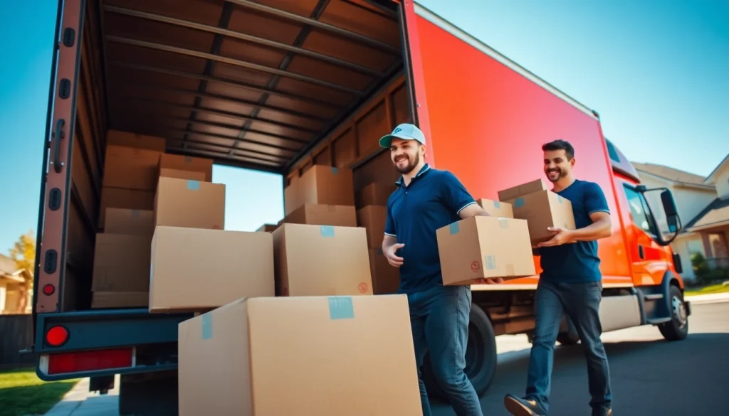 Toronto movers efficiently loading boxes into a truck in a suburban neighborhood.