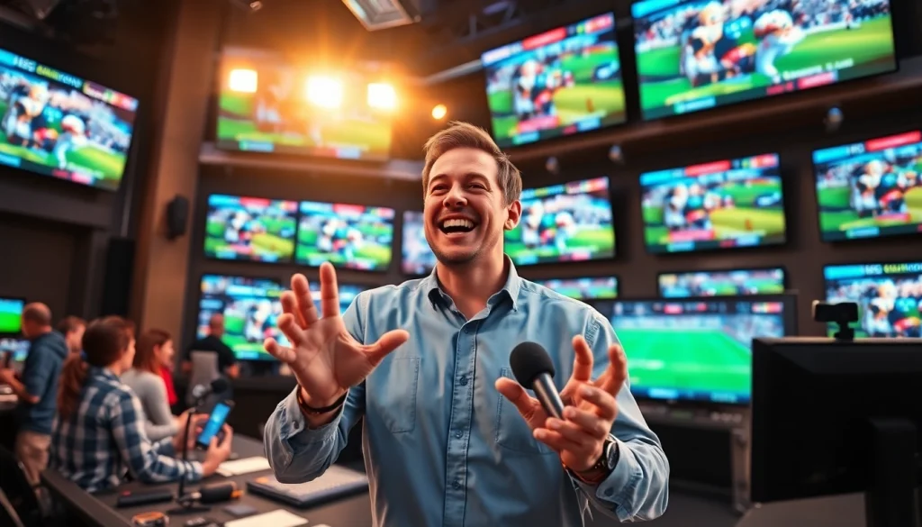 스포츠중계를 생생하게 전달하는 해설가의 열정적인 모습.