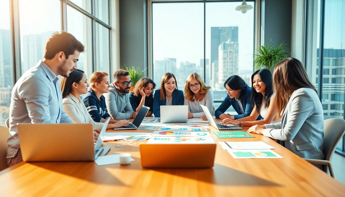 Collaborative marketing team strategizing with Good Wolf Marketing materials in a bright office.
