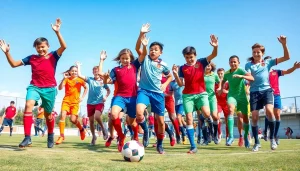 Showcase team football kits worn by diverse athletes in action on a soccer field.