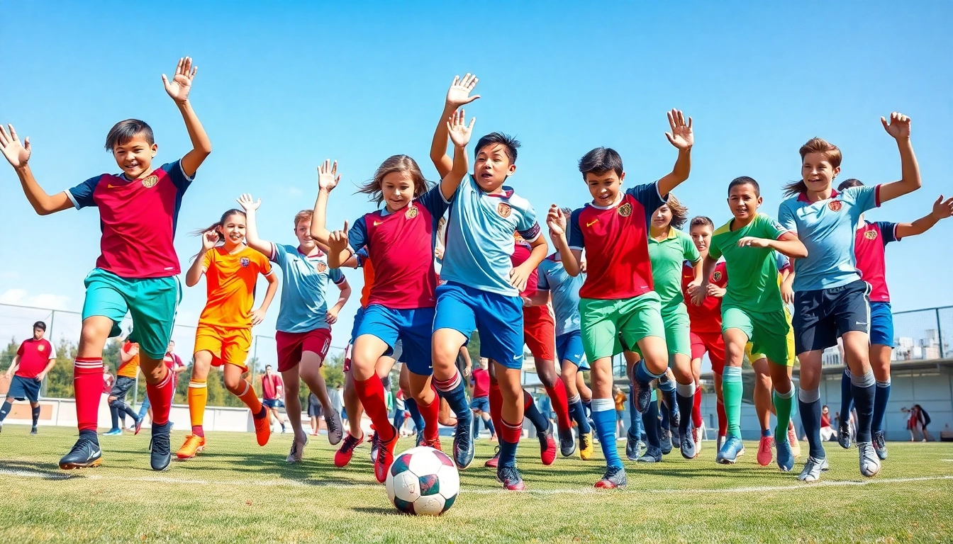 Showcase team football kits worn by diverse athletes in action on a soccer field.