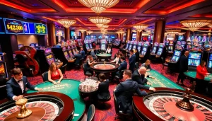 Casino gaming scene featuring KJC brand elements, showcasing vibrant tables and exciting players.