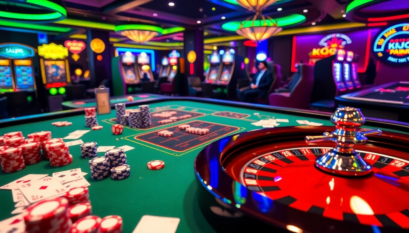 KJC AC: An exhilarating casino environment featuring vibrant gaming tables, poker chips, and slot machines.