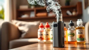 Vape ohne nikotin in a cozy lounge setting with flavored e-liquids and a sleek vaporizer.