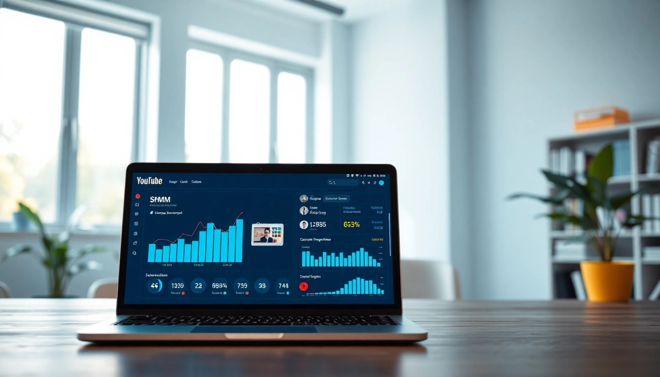 YouTube SMM panel analytics displayed in a modern digital workspace with graph metrics.