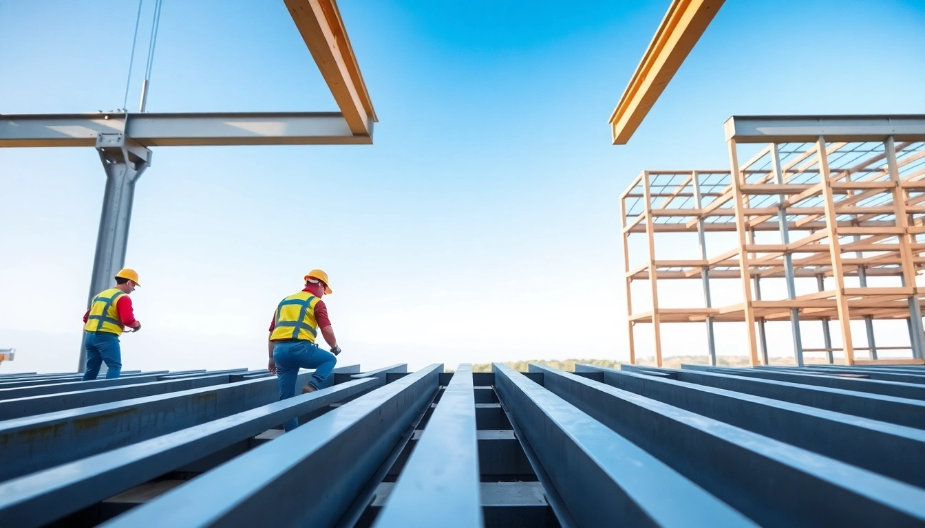 Workers engaged in structural steel installation process, showcasing precision and teamwork.
