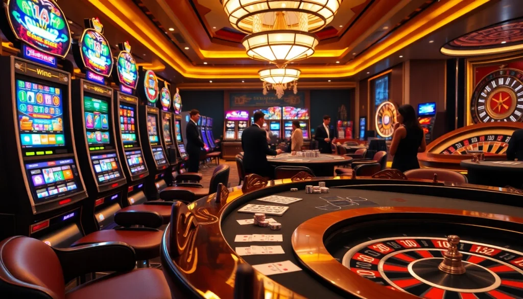 A thrilling casino scene featuring agen toto slot machines, poker tables, and roulette wheels inviting guests to play.