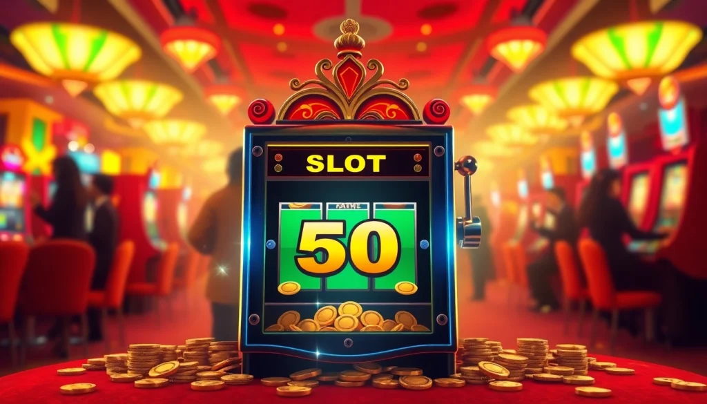Menangkan slot bet 50 perak di mesin slot berwarna-warni dengan suasana kasino yang hidup dan meriah.