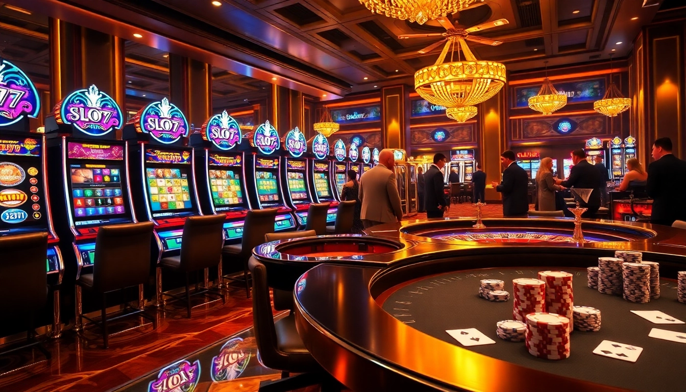 Engaged players enjoying Slot777 games at a luxurious casino setting highlighting excitement and winning opportunities.