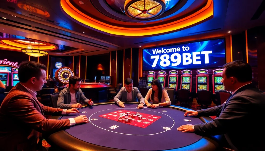 Players enjoying a thrilling poker game at 789BET's luxurious casino table.