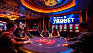 Players enjoying a thrilling poker game at 789BET's luxurious casino table.