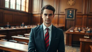 Environmental lawyer advocating in a courtroom, showcasing determination and professionalism.