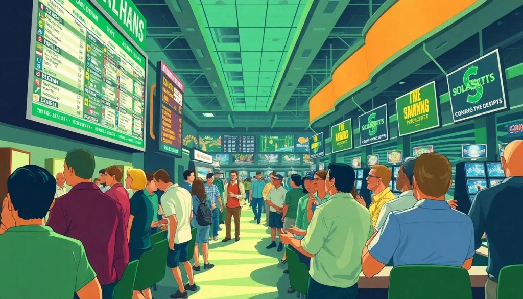 Enthusiastic bettors engaged in Oklahoma sports betting scene at a vibrant casino.