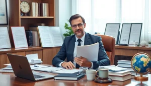 Expert in traduzione giurata translating documents in a professional office setting.
