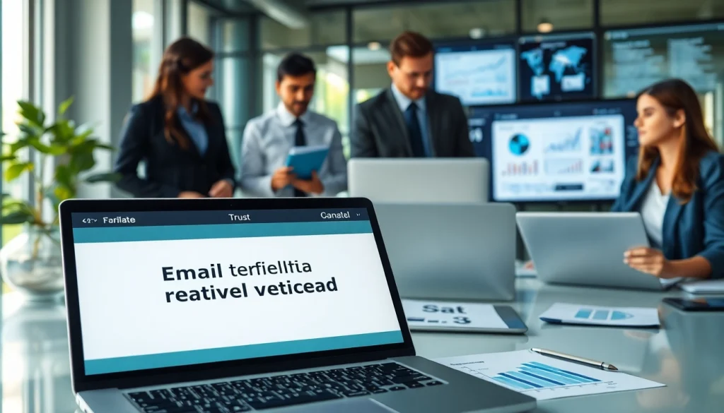 Online email verification process displayed on a laptop in a modern business environment, showcasing data accuracy and teamwork.