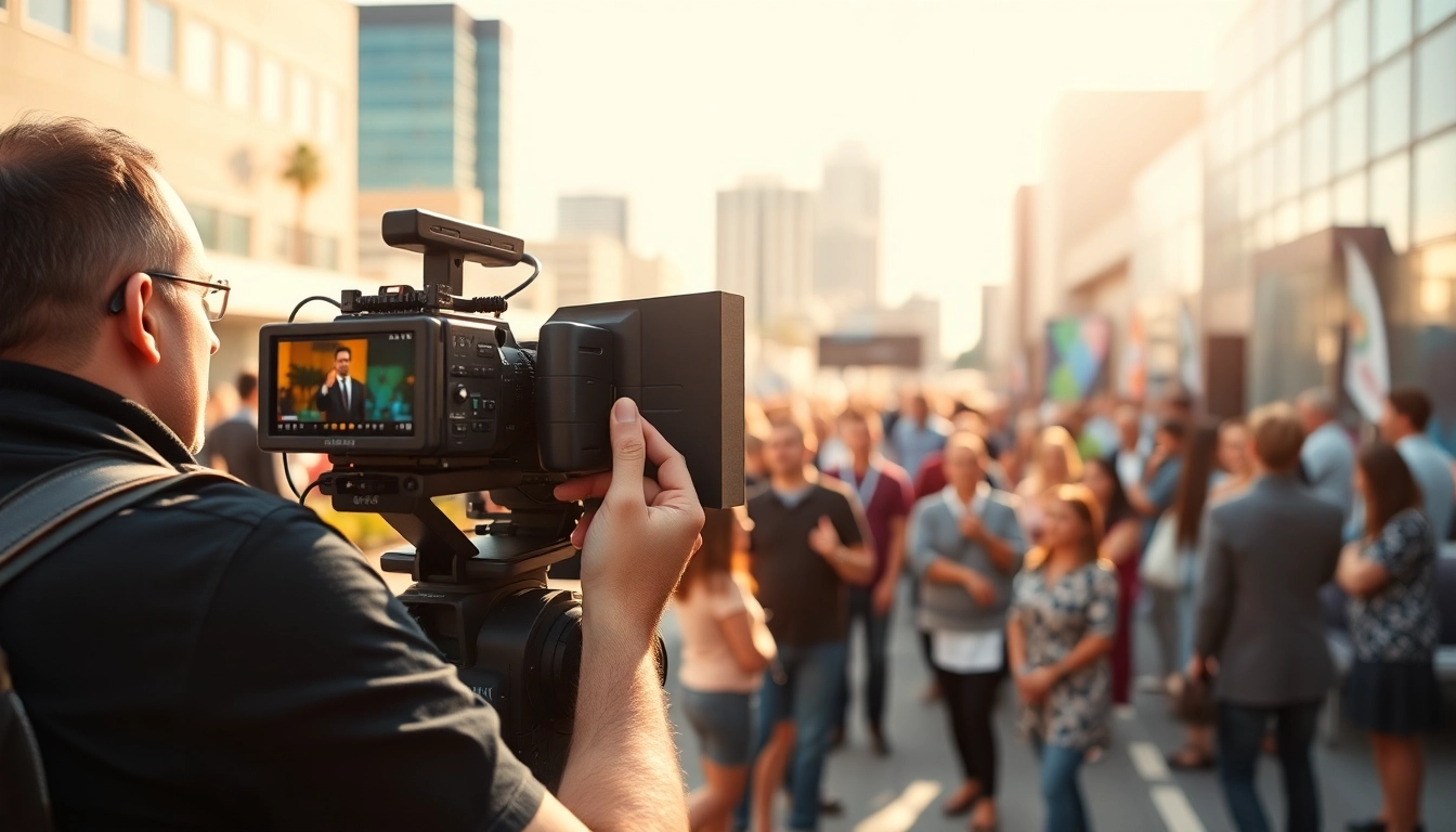 Capture of a video production company Phoenix crew filming a vibrant corporate event in lively urban setting.