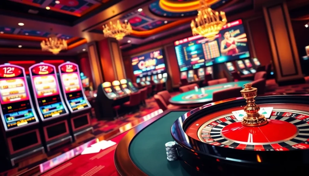 Experience thrilling gameplay at 12bet with vibrant casino tables and illuminated slot machines.