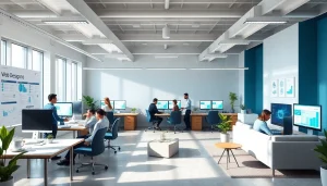 dịch vụ thiết kế website showcased in a modern office with professionals collaborating