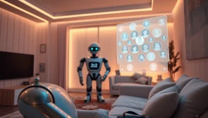 AI sex experience with humanoid robot and holographic interface in a modern room.