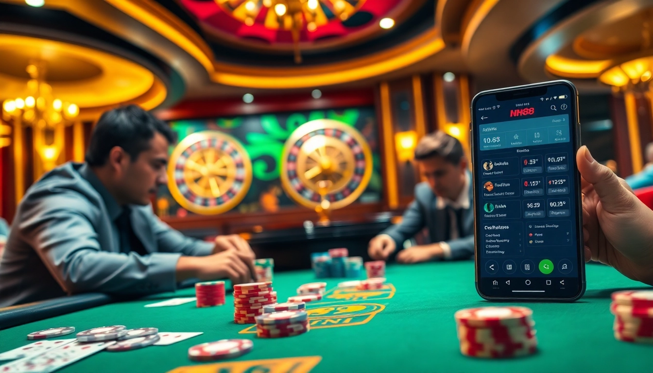 Players enjoy intense poker action at nhà cái nh88 casino, with vibrant chips and strategic gameplay.