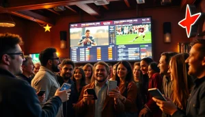 Betters engaged in Texas sports betting, enjoying a lively atmosphere with live sports on display.