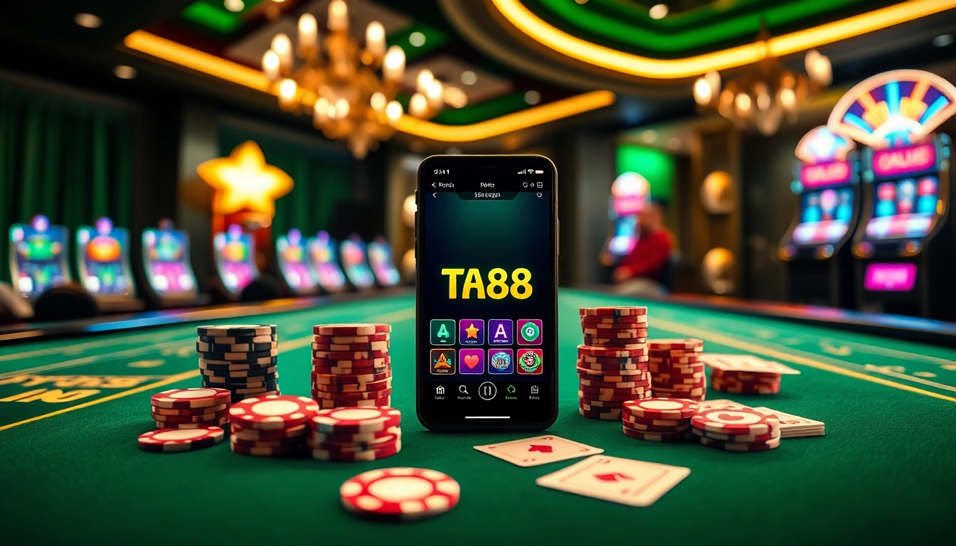 Experience the excitement of the TA88 app with vibrant casino elements, including poker chips and digital devices.