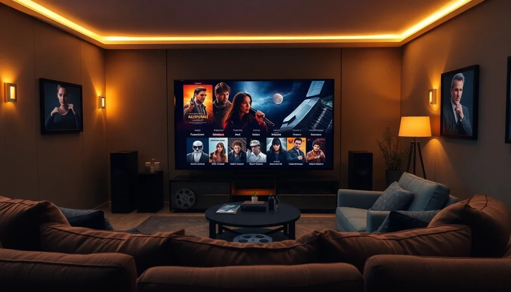 Experience a cozy home theater showcasing filme noi on a vibrant TV screen.