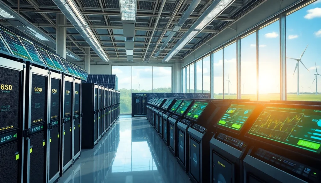 Dynamic view of a cutting-edge mining facility showcasing cluod mining with renewable energy.