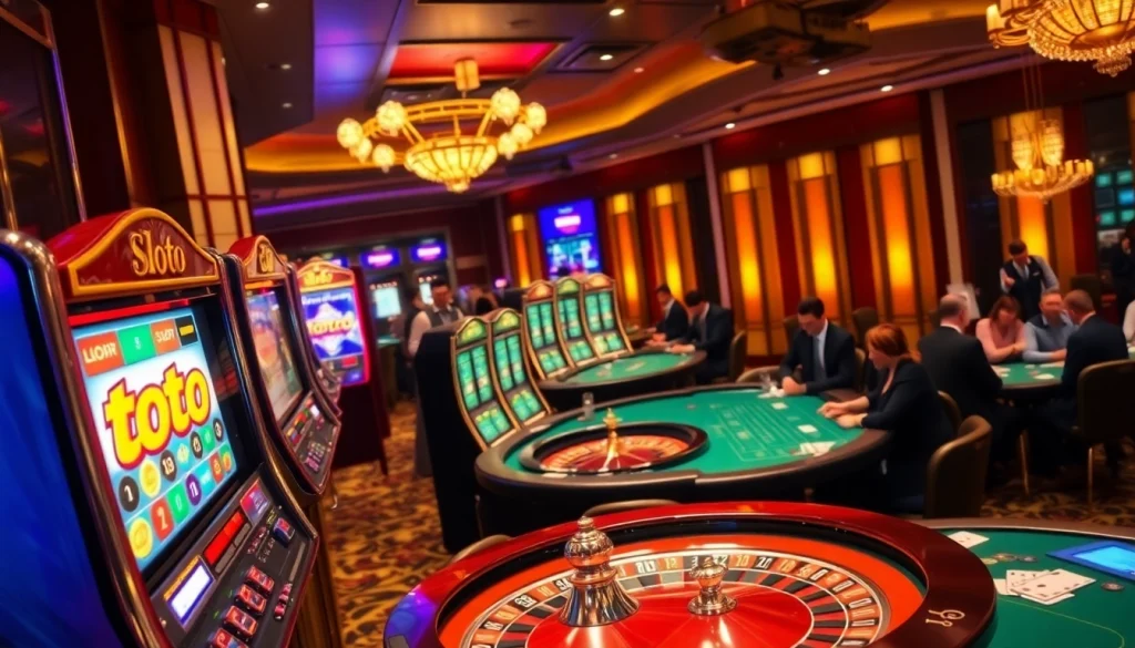Toto slot machines attract players at a luxurious casino, showcasing vibrant colors and excitement.