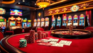 Engage in thrilling poker action at a luxurious casino with "Nếu như vậy bám vào đây" around vibrant chips and cards.