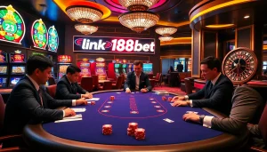 Players engaged at the poker table with the link 188bet prominently displayed, showcasing an exciting gambling atmosphere.