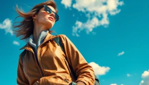 FLY88 aviation-inspired apparel featuring a model against a bright sky.