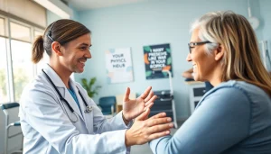 Engaging physical therapy marketing scene with a therapist and patient in a professional clinic