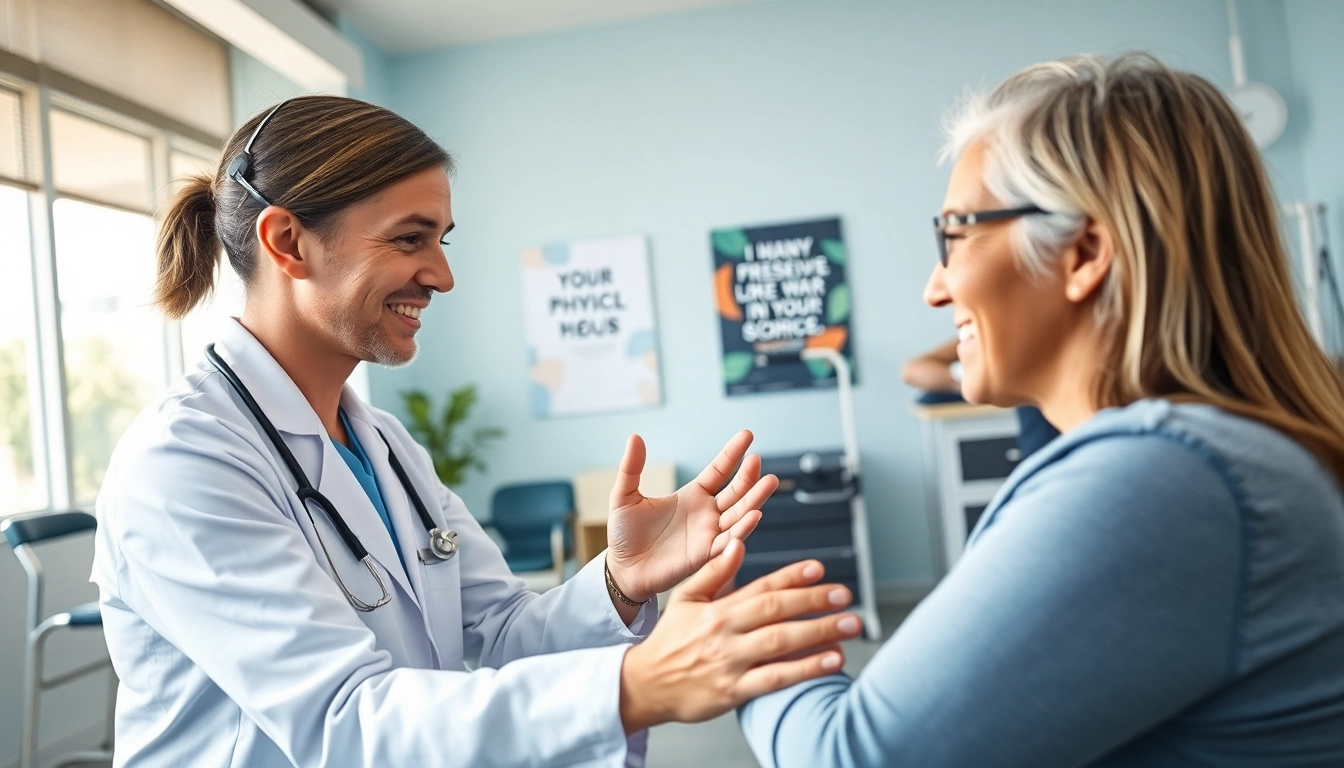 Engaging physical therapy marketing scene with a therapist and patient in a professional clinic