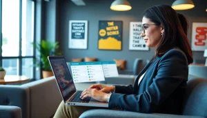 Businesswoman utilizing WhatsApp Smart CRM on her laptop, focused on maximizing productivity.