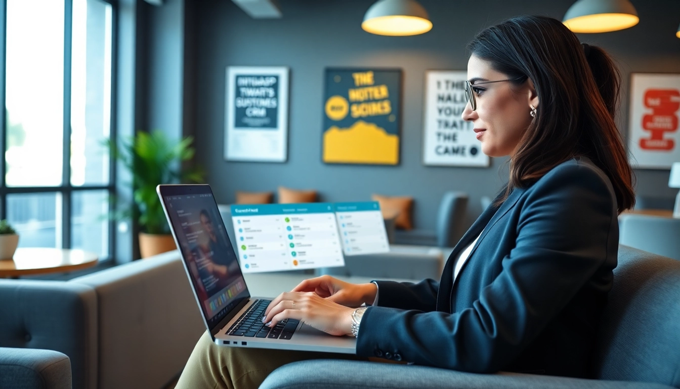 Businesswoman utilizing WhatsApp Smart CRM on her laptop, focused on maximizing productivity.